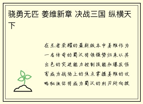 骁勇无匹 姜维新章 决战三国 纵横天下