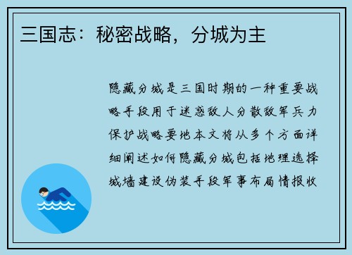 三国志：秘密战略，分城为主