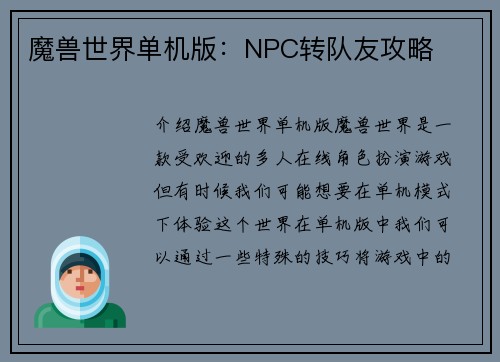魔兽世界单机版：NPC转队友攻略